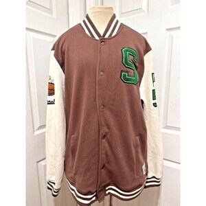 SNOOPY PEANUTS CHAMPS BOMBER JACKET SZ XXL ADULT UNISEX BROWN BEIGE FOOTBALL NWT